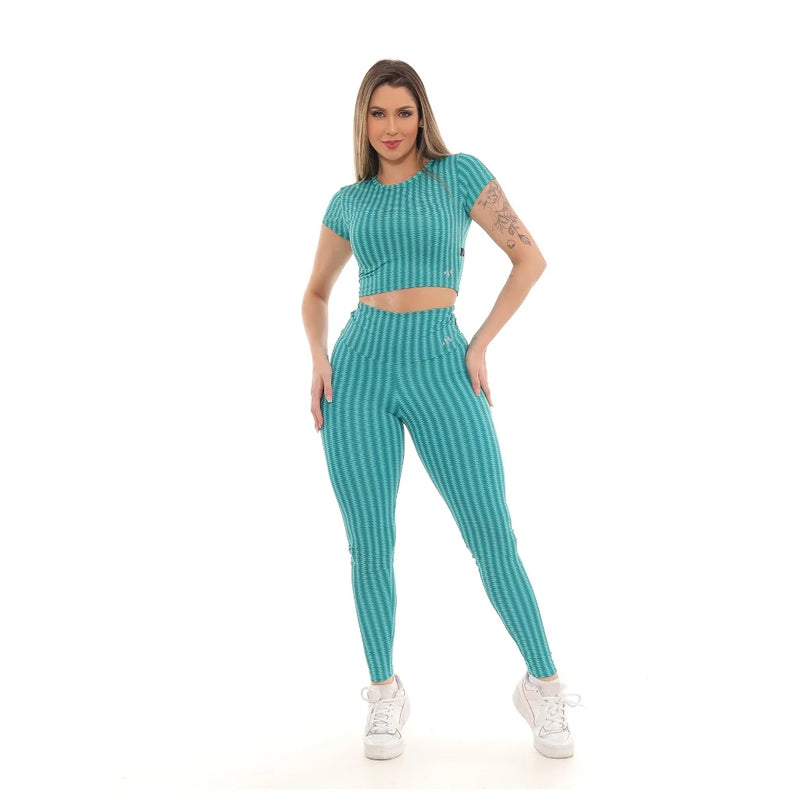 Conjunto Feminino Moda Fitness Calça E Cropped Estampa 3D