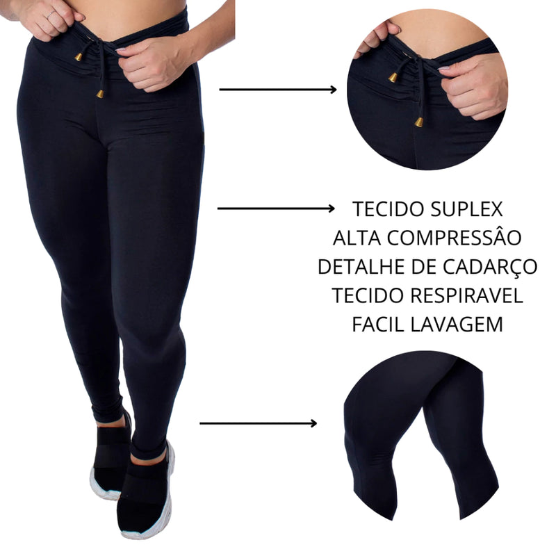 Calça Legging Fitness Feminina Cós Alto com Cadarço em Suplex